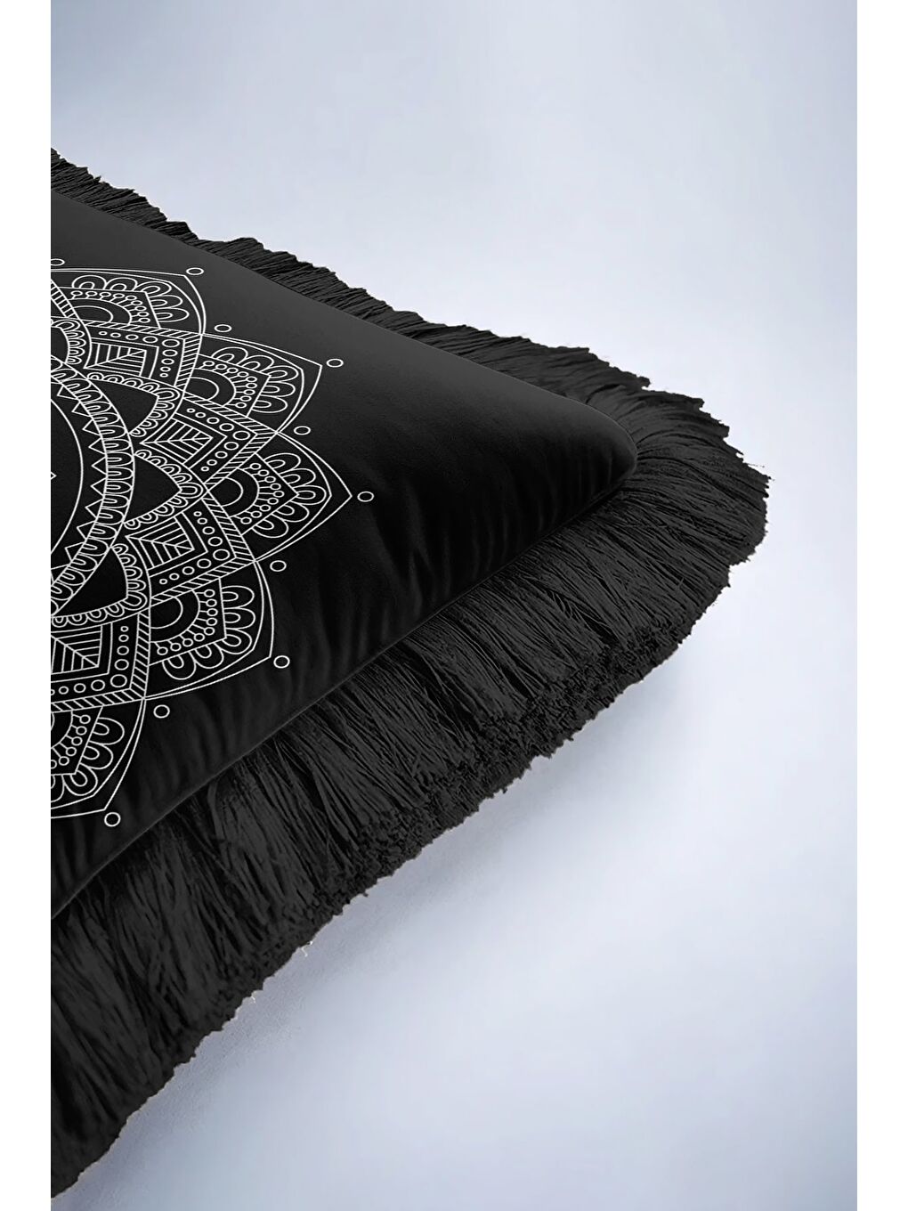 Karışık Etnik Mandala Saçaklı Yastık Kılıfı - Bohem Siyah Gümüş Püsküllü Kırlent Kılıfı-6