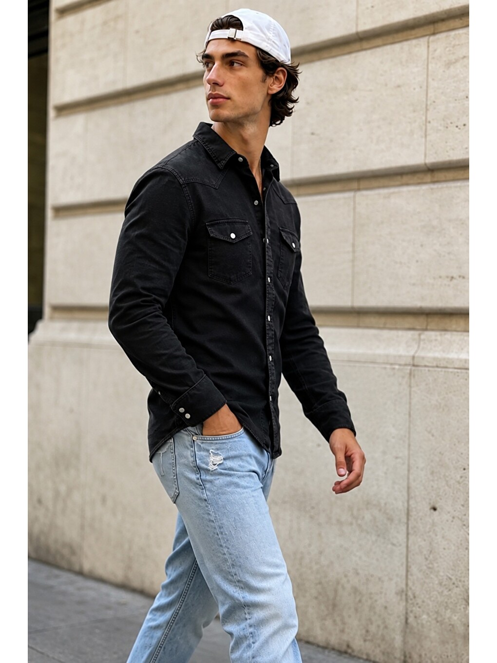 Erkek Slim Fit Siyah Jean Gömlek Çıtçıt Düğmeli Uzun Kollu Denim Gömlek-1