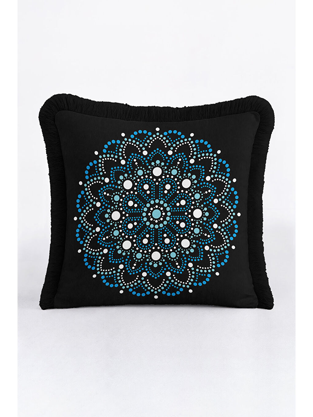 Karışık Lüks Mandala Saçaklı Yastık Kılıfı - Etnik Motif Siyah Mavi Püsküllü Kırlent Kılıfı