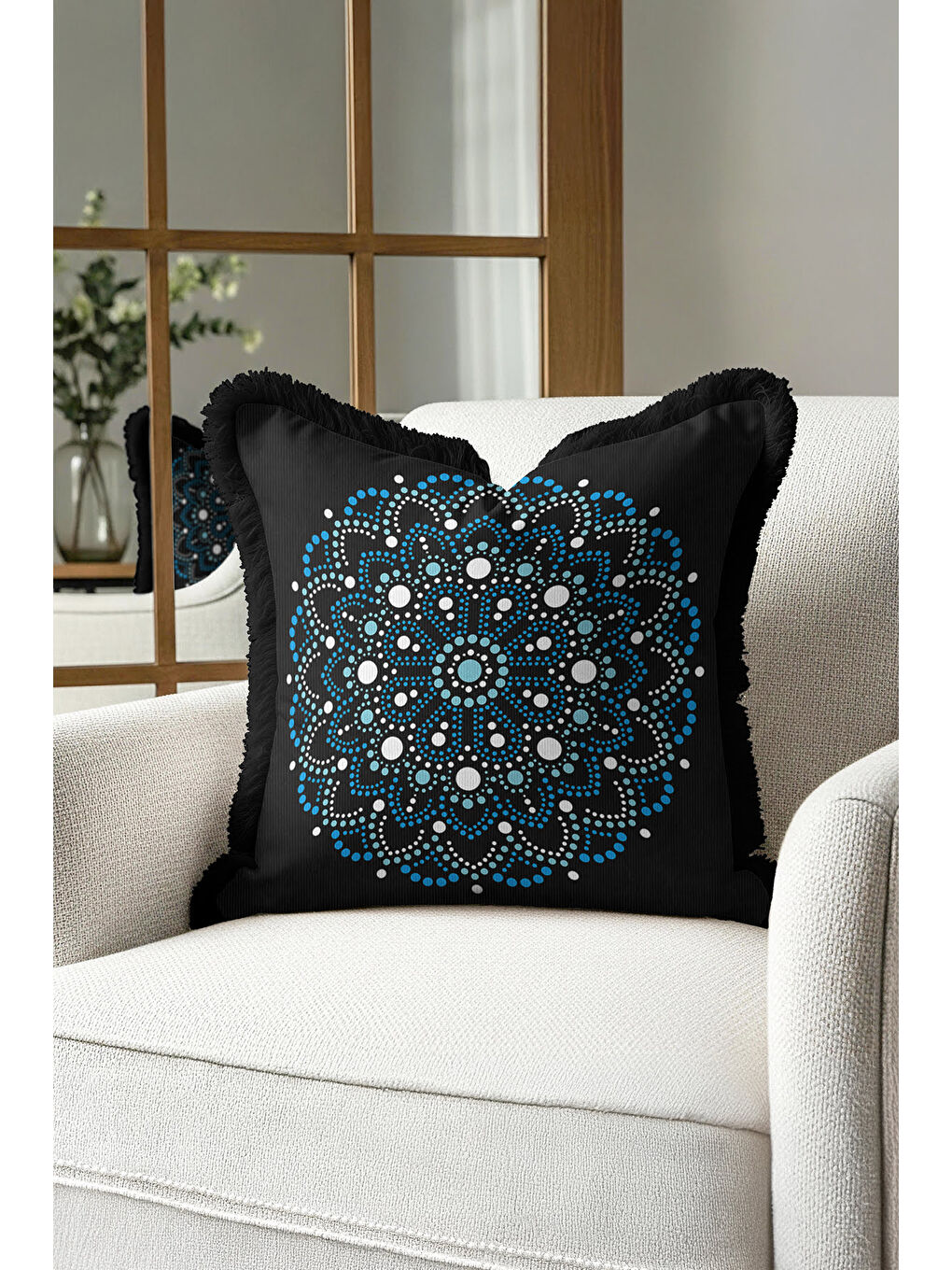Karışık Lüks Mandala Saçaklı Yastık Kılıfı - Etnik Motif Siyah Mavi Püsküllü Kırlent Kılıfı-1
