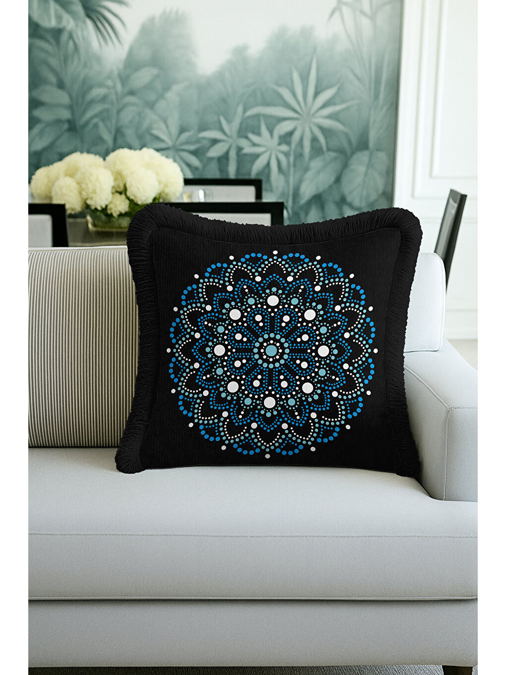 Karışık Lüks Mandala Saçaklı Yastık Kılıfı - Etnik Motif Siyah Mavi Püsküllü Kırlent Kılıfı-2