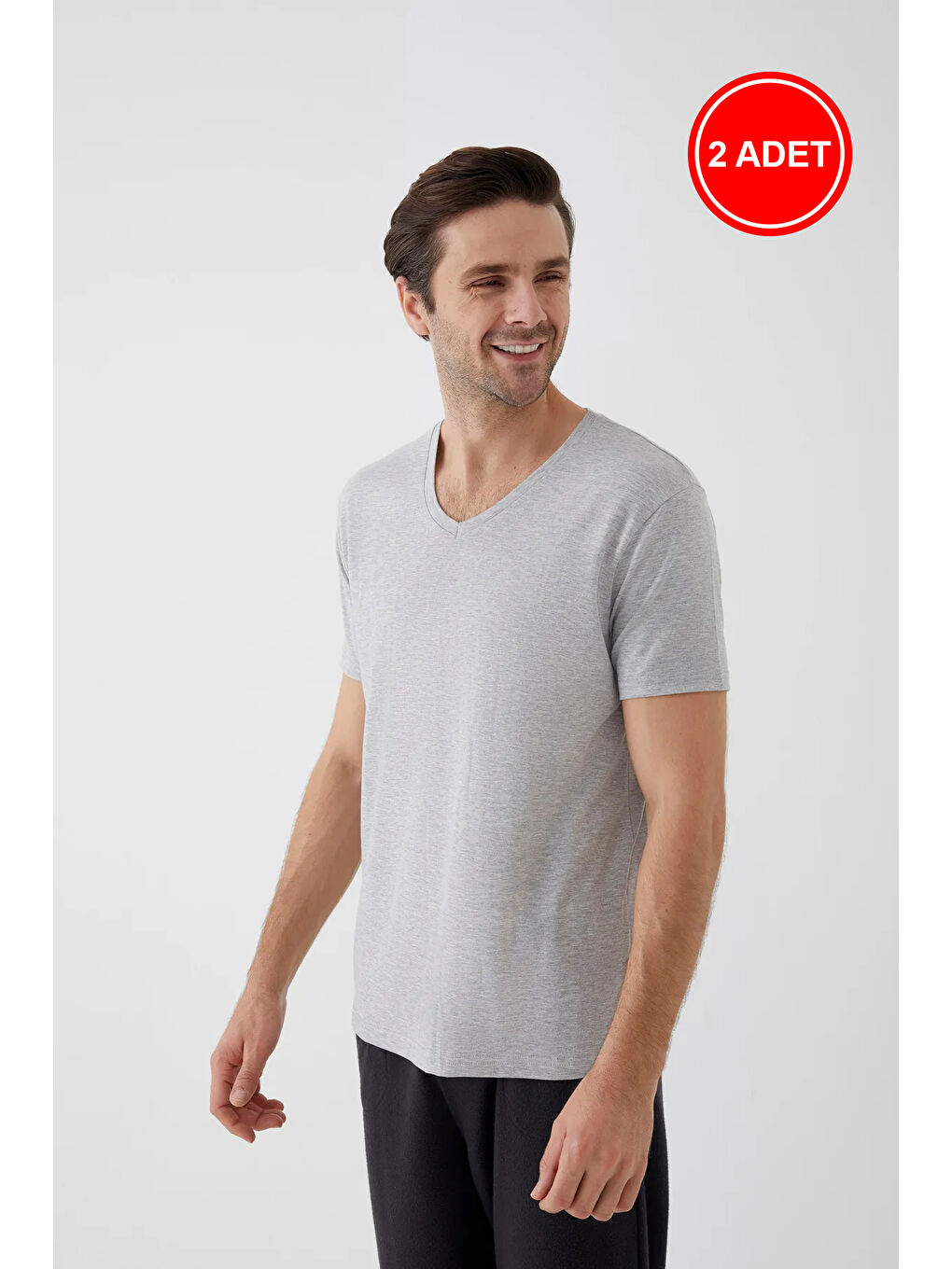 Gri Erkek Pamuklu V Yaka Kısa Kollu Tişört 2 Adet - S000324311-74 |