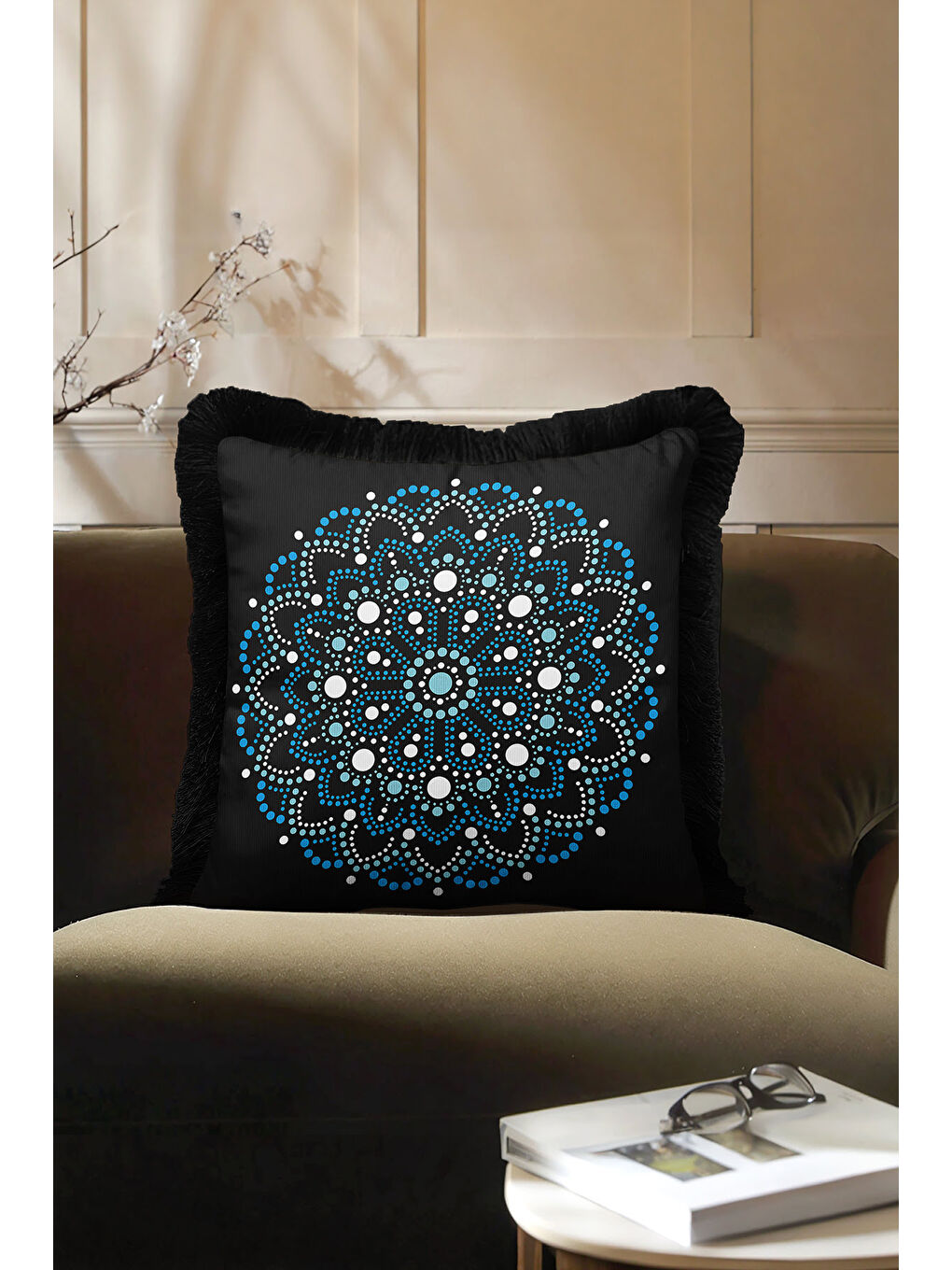 Karışık Lüks Mandala Saçaklı Yastık Kılıfı - Etnik Motif Siyah Mavi Püsküllü Kırlent Kılıfı-4