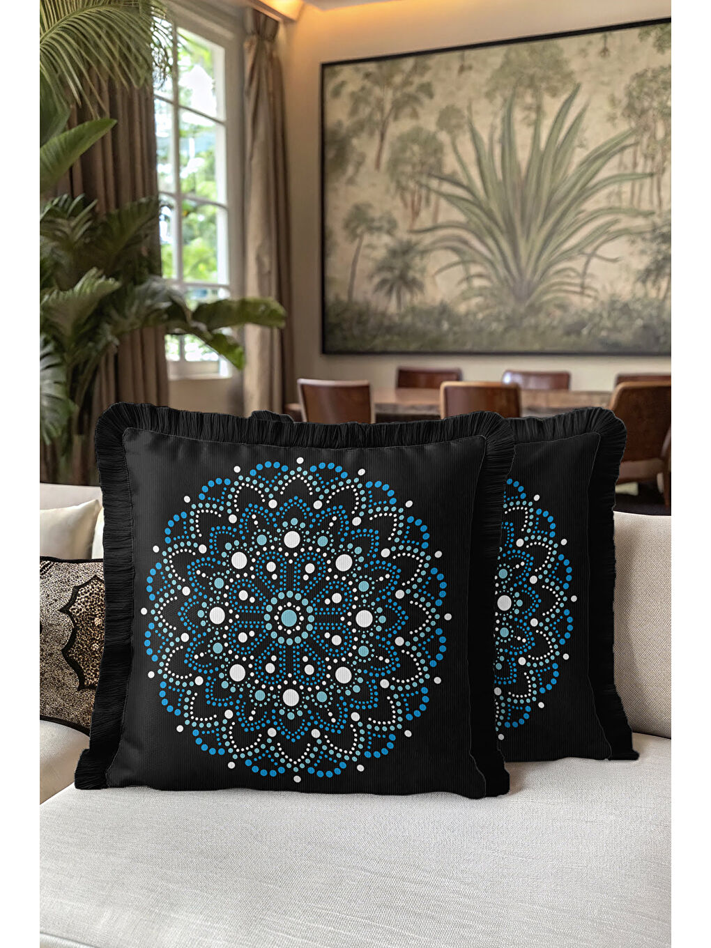 Karışık Lüks Mandala Saçaklı Yastık Kılıfı - Etnik Motif Siyah Mavi Püsküllü Kırlent Kılıfı-5