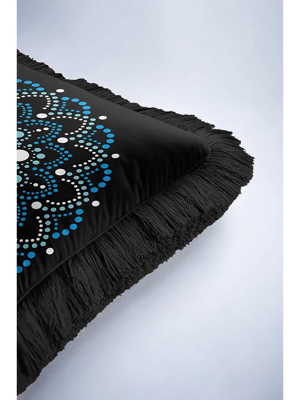 Karışık Lüks Mandala Saçaklı Yastık Kılıfı - Etnik Motif Siyah Mavi Püsküllü Kırlent Kılıfı-6