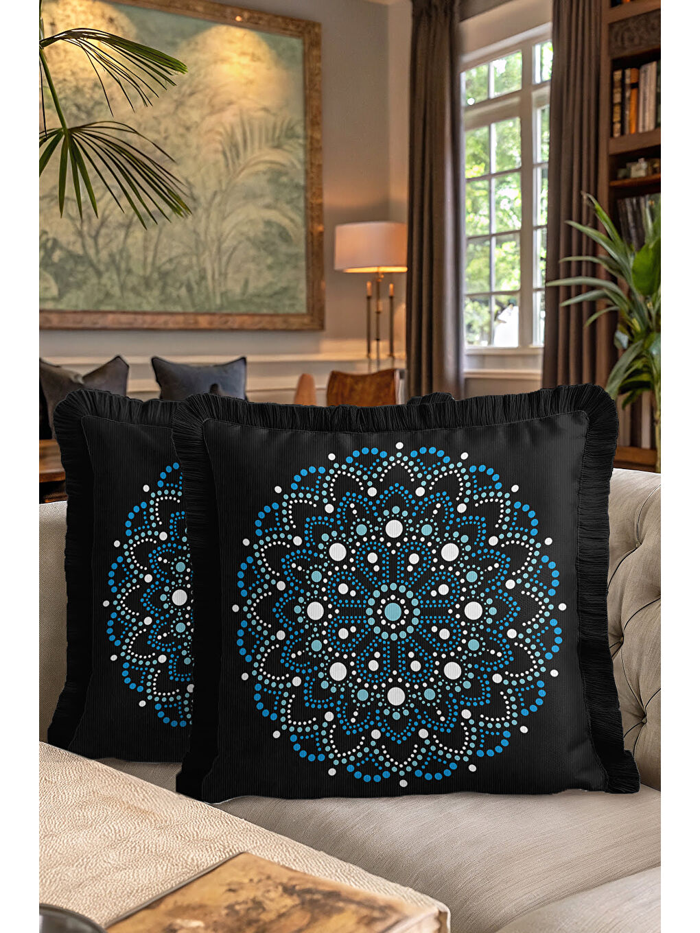 Karışık Lüks Mandala Saçaklı Yastık Kılıfı - Etnik Motif Siyah Mavi Püsküllü Kırlent Kılıfı-7