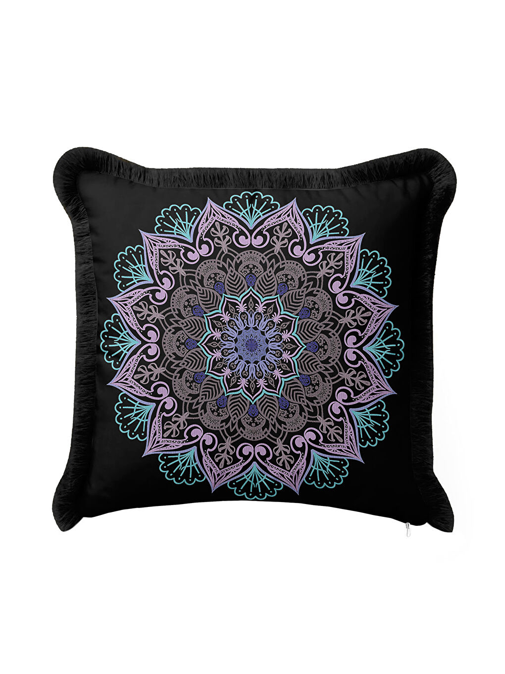 Karışık Loft Mandala Saçaklı Yastık Kılıfı - Bohem Siyah Mor Mavi Püsküllü Kırlent Kılıfı-1