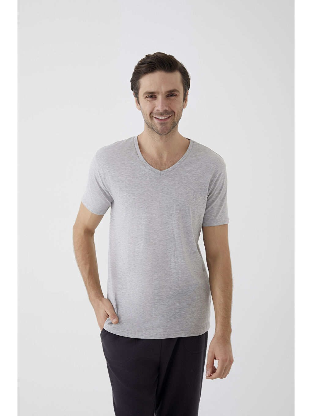 Gri Erkek Pamuklu V Yaka Kısa Kollu Tişört 2 Adet - S000324311-74 |-6