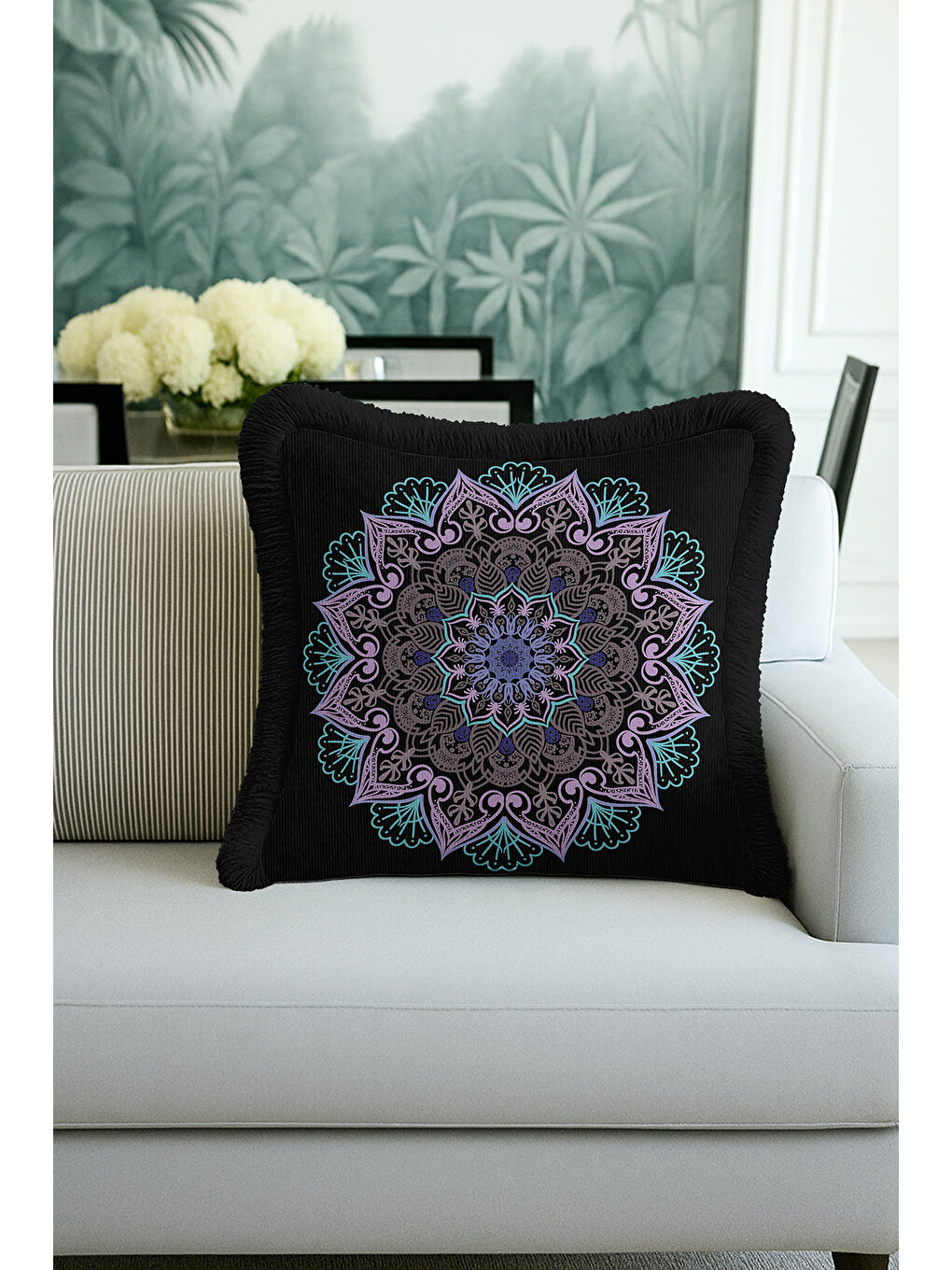 Karışık Loft Mandala Saçaklı Yastık Kılıfı - Bohem Siyah Mor Mavi Püsküllü Kırlent Kılıfı-2