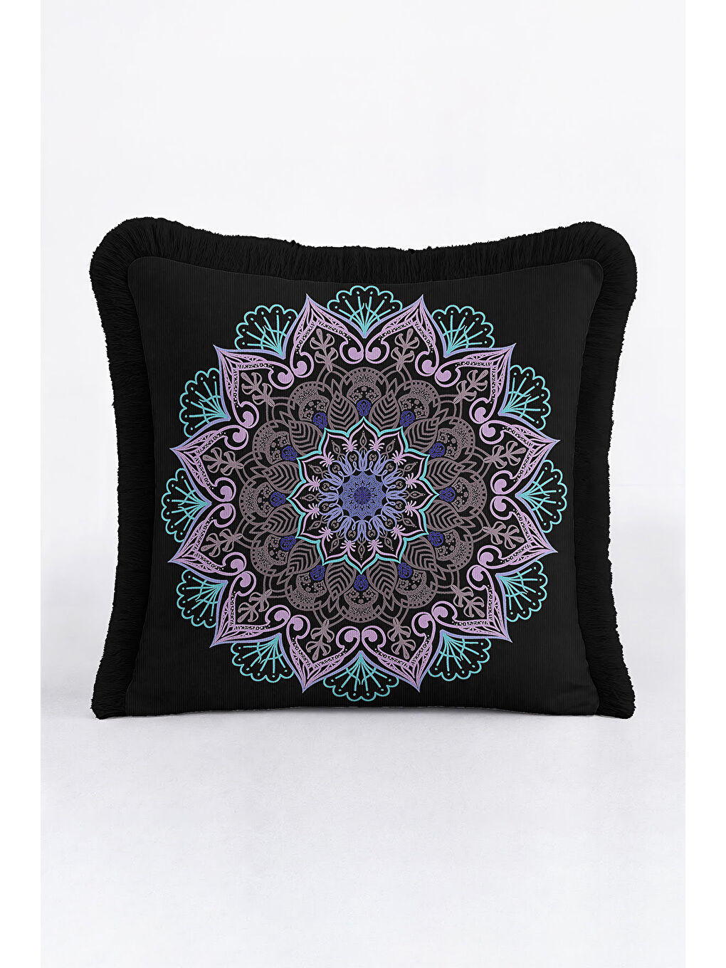 Karışık Loft Mandala Saçaklı Yastık Kılıfı - Bohem Siyah Mor Mavi Püsküllü Kırlent Kılıfı-3