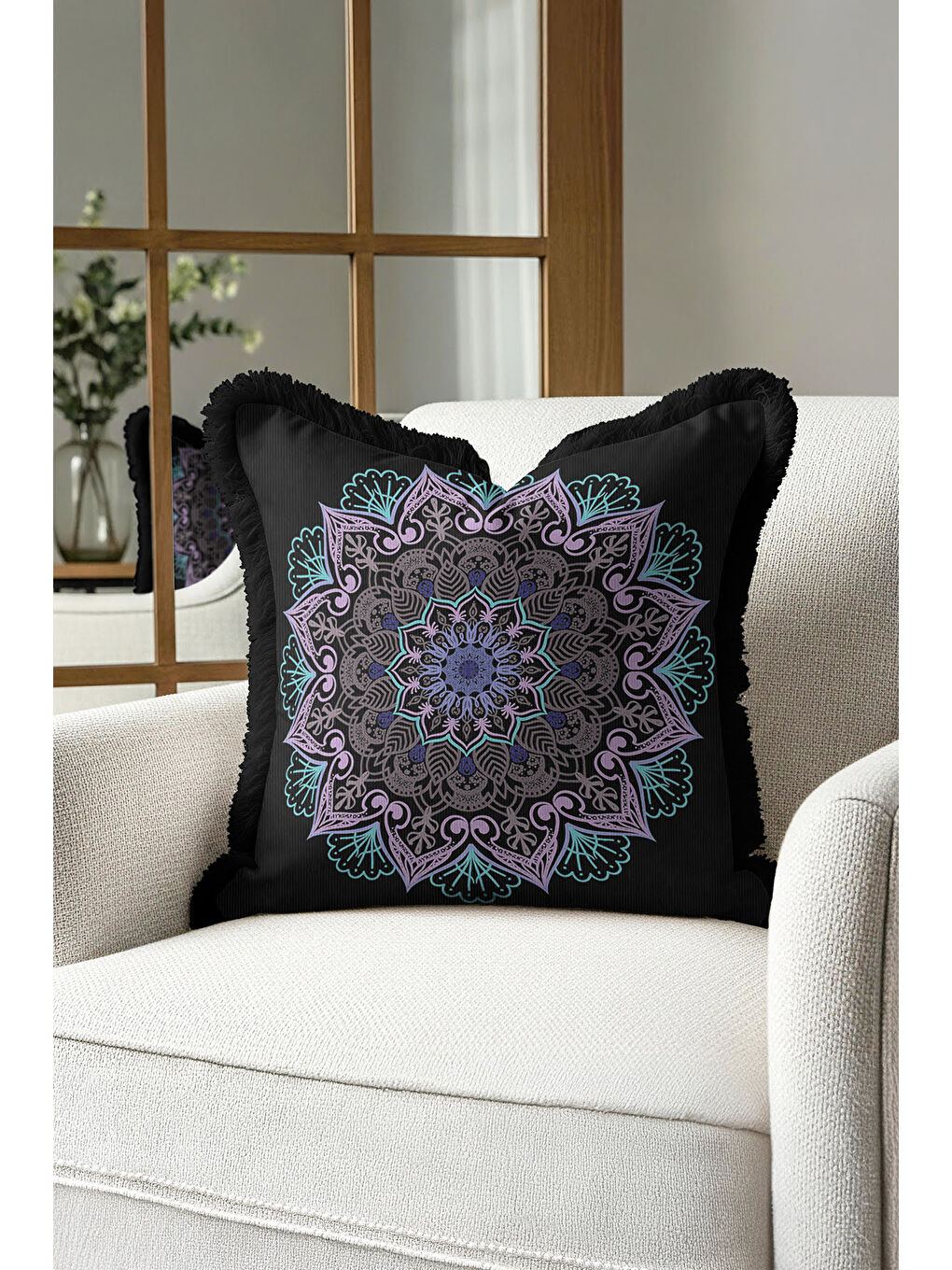 Karışık Loft Mandala Saçaklı Yastık Kılıfı - Bohem Siyah Mor Mavi Püsküllü Kırlent Kılıfı-4