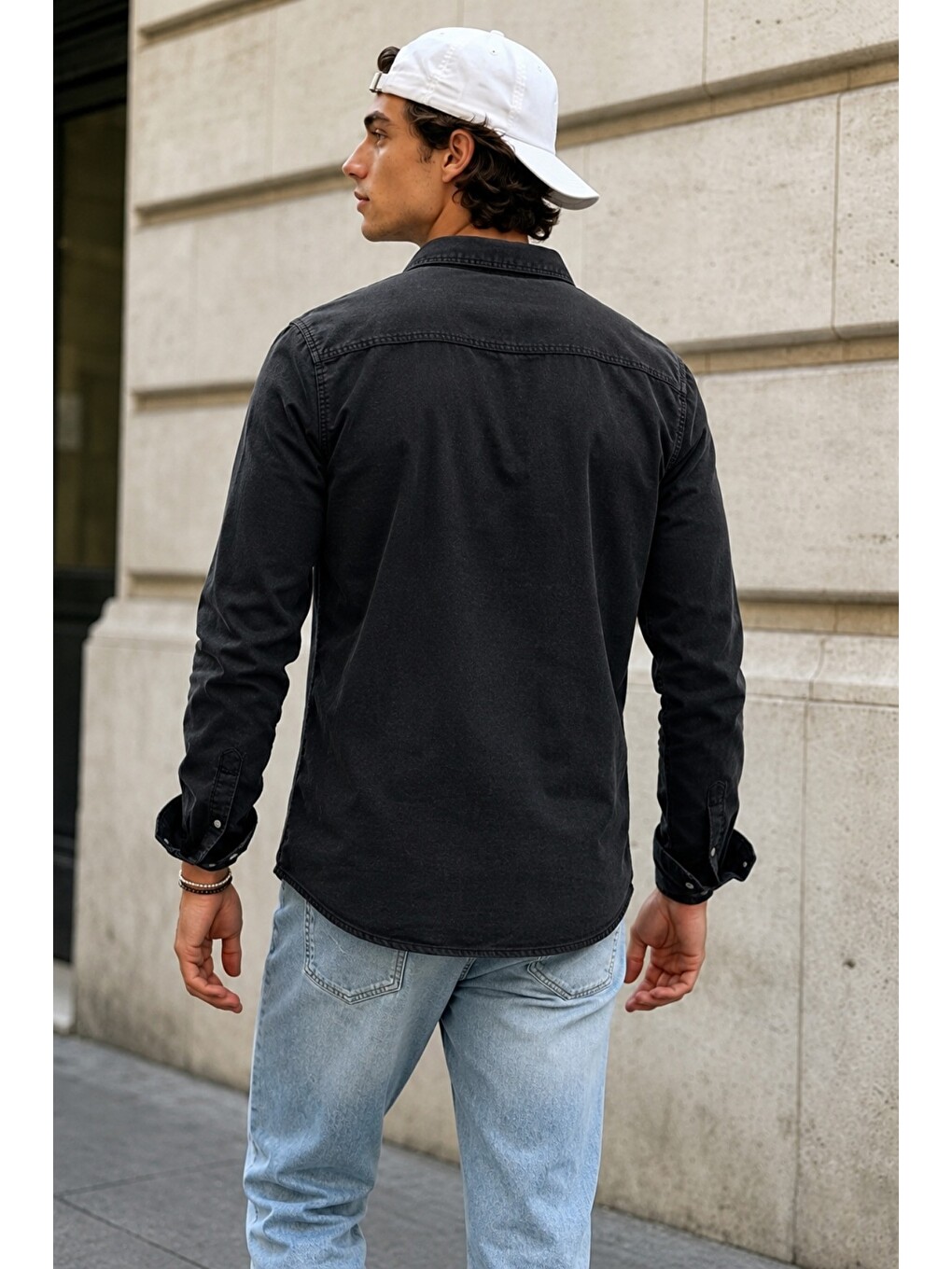 Erkek Slim Fit Siyah Jean Gömlek Çıtçıt Düğmeli Uzun Kollu Denim Gömlek-2