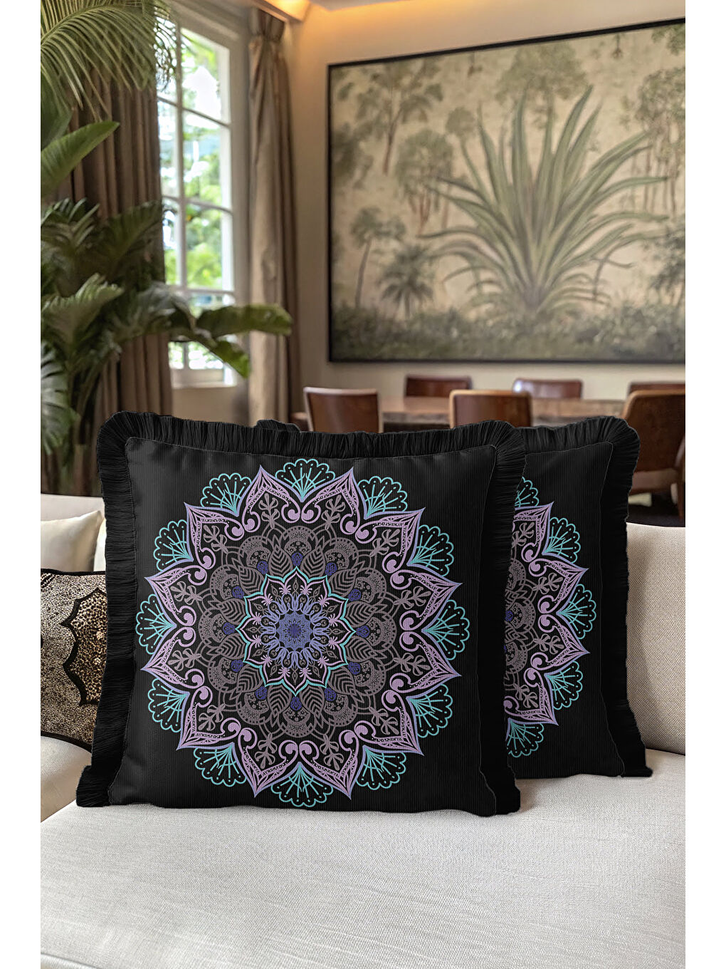 Karışık Loft Mandala Saçaklı Yastık Kılıfı - Bohem Siyah Mor Mavi Püsküllü Kırlent Kılıfı-5