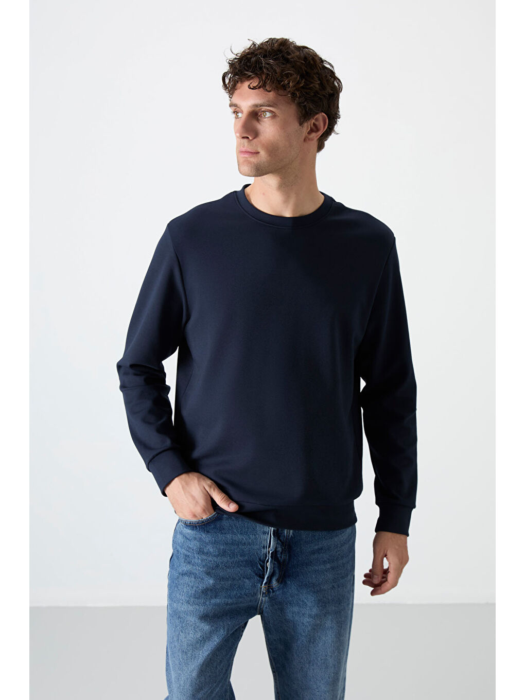 Lacivert Basic Bisiklet Yaka Rahat Form Erkek Sweatshirt - 88053-1