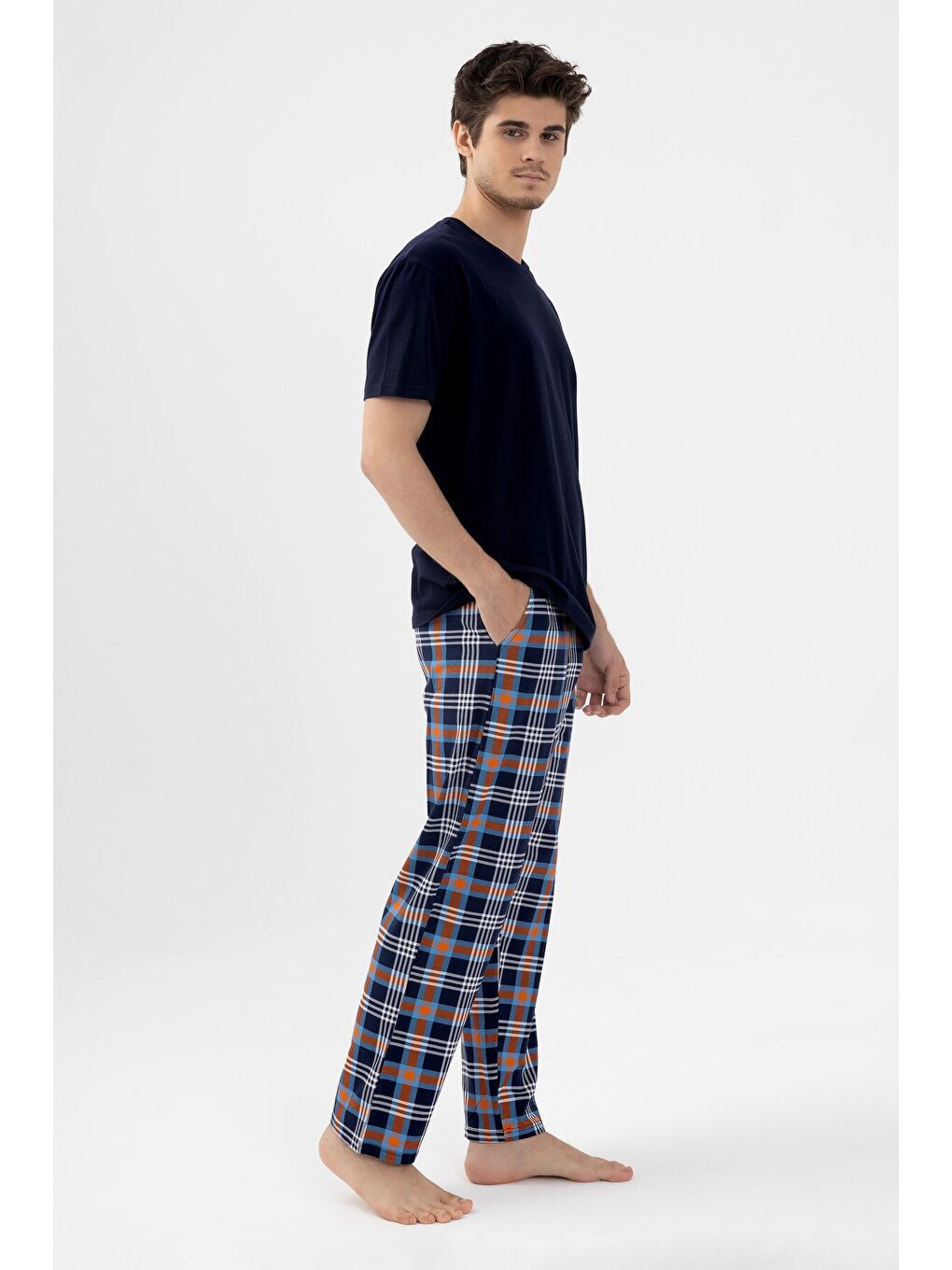 Lacivert Erkek Kısa Kollu Ekose Desenli Pamuklu Pijama Takımı - S000310488-37357 |