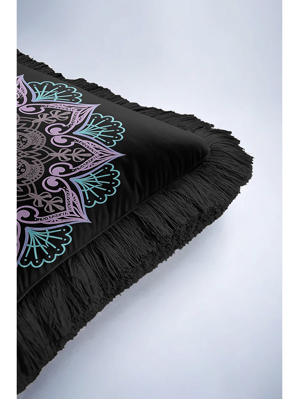 Karışık Loft Mandala Saçaklı Yastık Kılıfı - Bohem Siyah Mor Mavi Püsküllü Kırlent Kılıfı-6