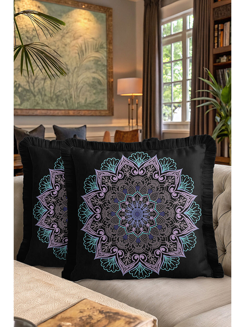 Karışık Loft Mandala Saçaklı Yastık Kılıfı - Bohem Siyah Mor Mavi Püsküllü Kırlent Kılıfı-7