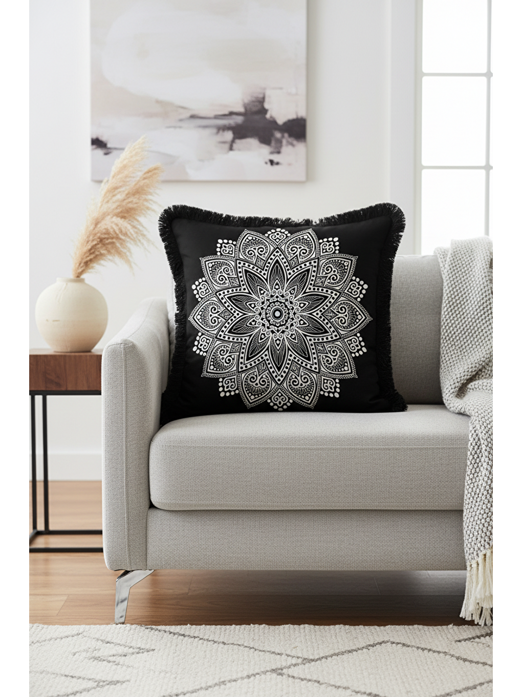 Karışık Mandala Şıklığı Saçaklı Yastık Kılıfı - Bohem Stil Siyah Beyaz Püsküllü Kırlent Kılıfı-1