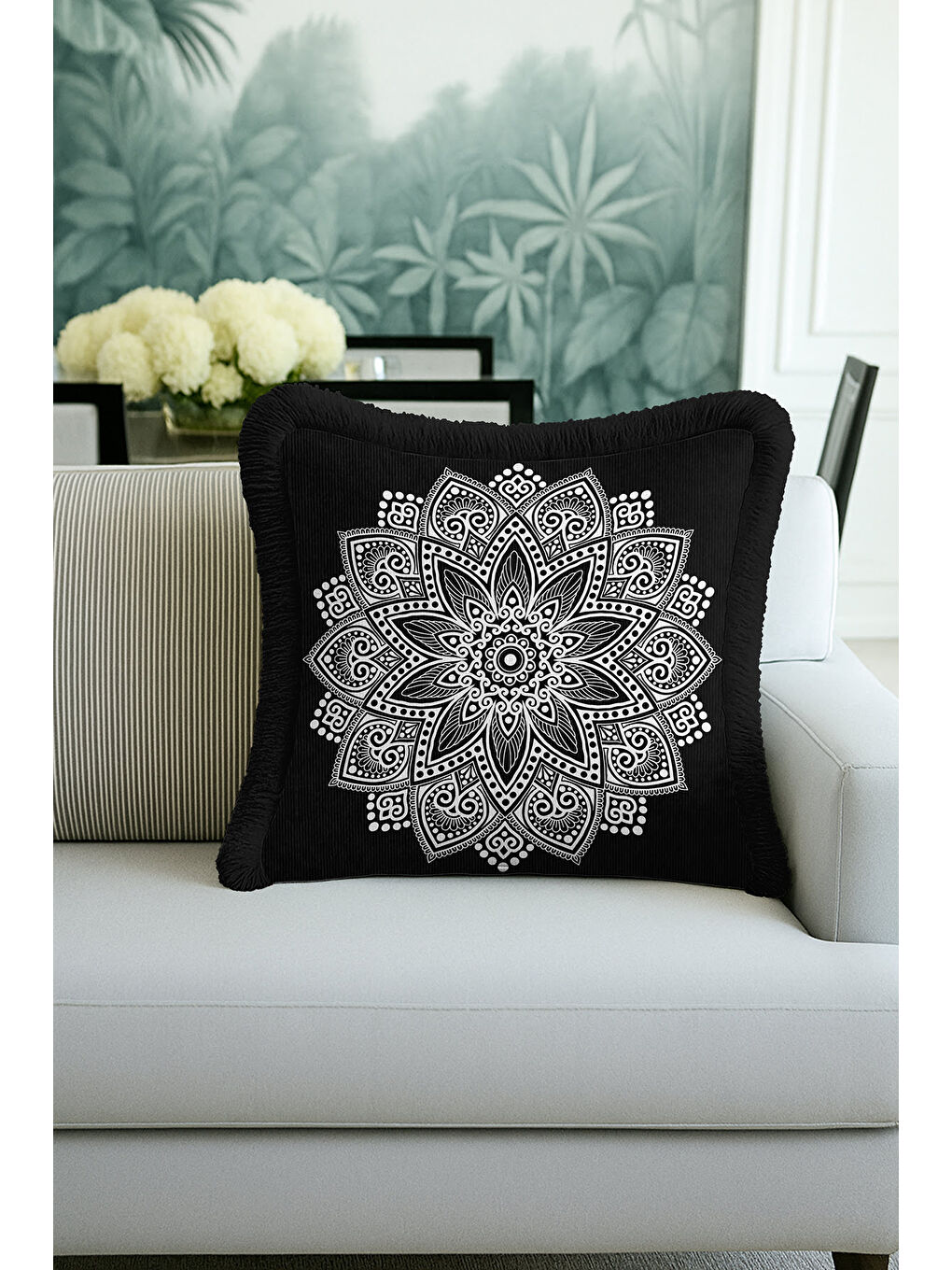 Karışık Mandala Şıklığı Saçaklı Yastık Kılıfı - Bohem Stil Siyah Beyaz Püsküllü Kırlent Kılıfı-2