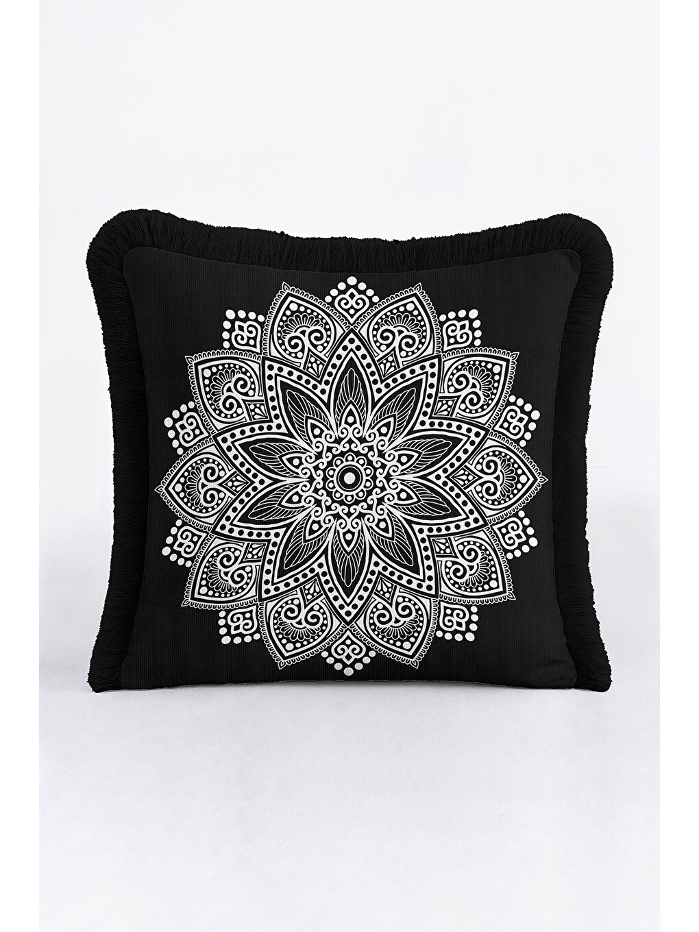 Karışık Mandala Şıklığı Saçaklı Yastık Kılıfı - Bohem Stil Siyah Beyaz Püsküllü Kırlent Kılıfı-3