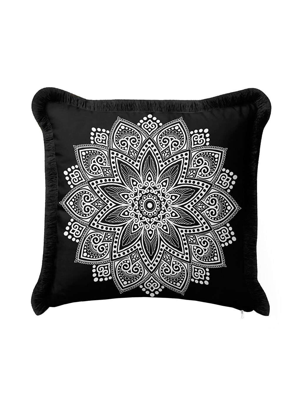 Karışık Mandala Şıklığı Saçaklı Yastık Kılıfı - Bohem Stil Siyah Beyaz Püsküllü Kırlent Kılıfı-4