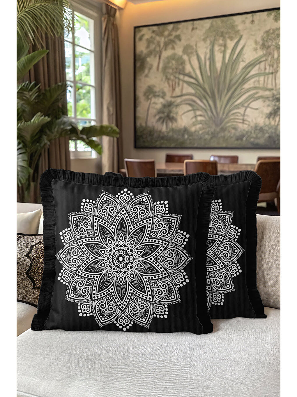 Karışık Mandala Şıklığı Saçaklı Yastık Kılıfı - Bohem Stil Siyah Beyaz Püsküllü Kırlent Kılıfı-5