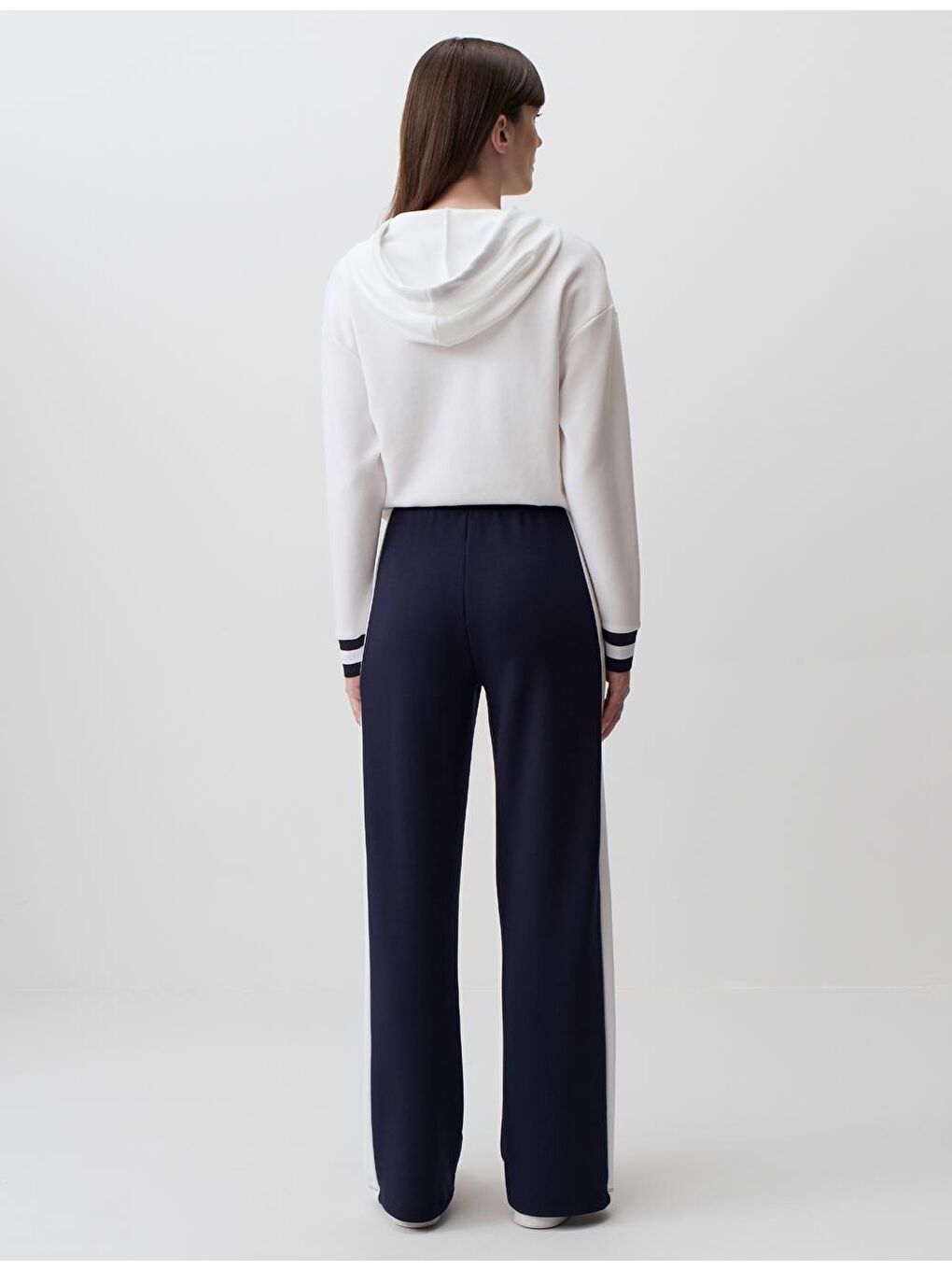 Lacivert Yüksek Bel Bol Paça Şeritli Pantolon-5