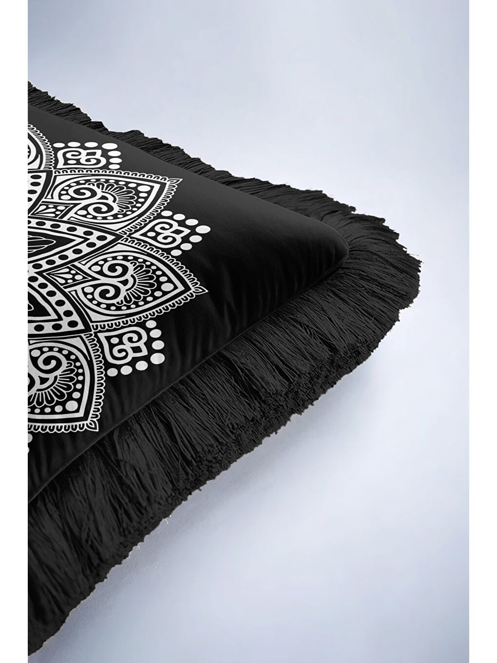 Karışık Mandala Şıklığı Saçaklı Yastık Kılıfı - Bohem Stil Siyah Beyaz Püsküllü Kırlent Kılıfı-6