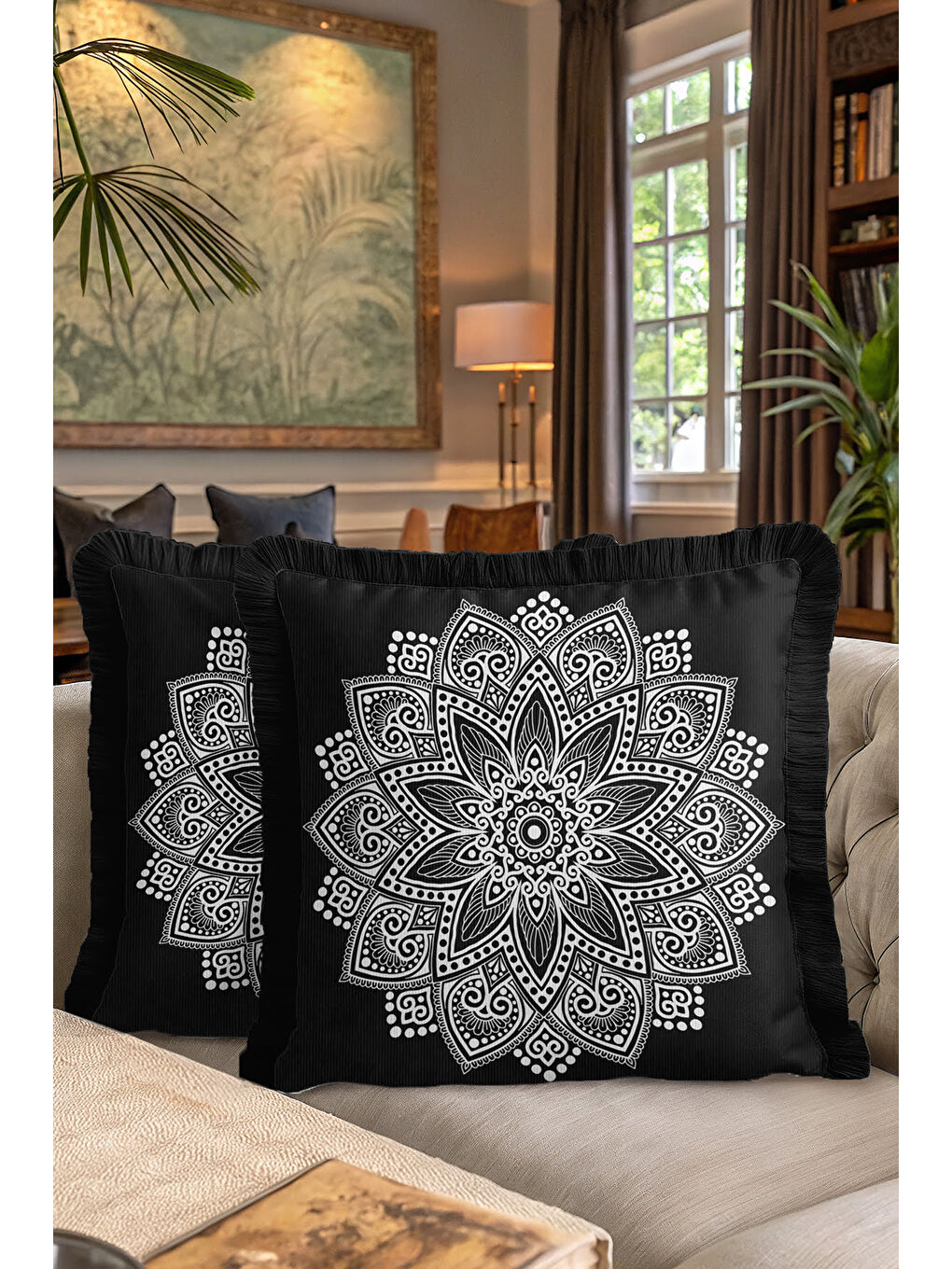 Karışık Mandala Şıklığı Saçaklı Yastık Kılıfı - Bohem Stil Siyah Beyaz Püsküllü Kırlent Kılıfı-7