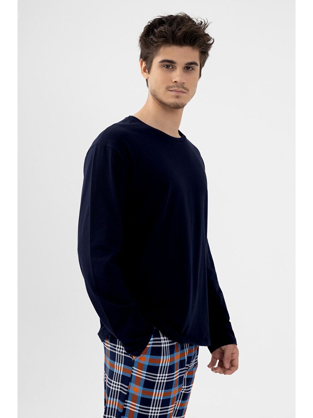 Turuncu Erkek Pamuklu Uzun Kollu Ekose Desenli Pijama Takımı - S000265564-20013 |-2