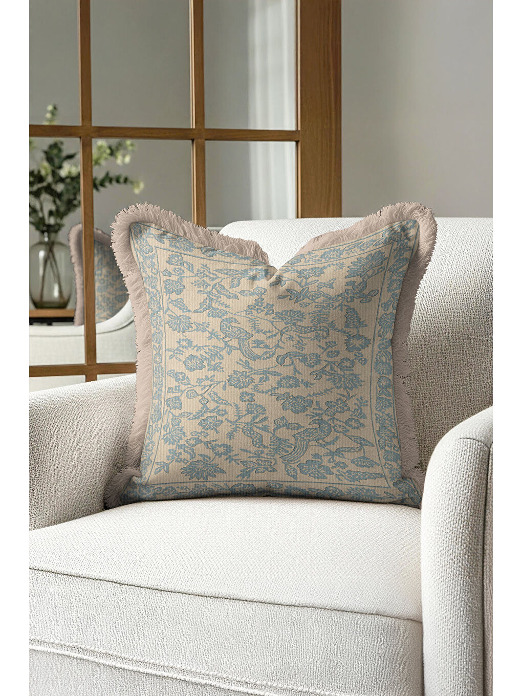 Karışık Zarif Kuş Motifli Saçaklı Yastık Kılıfı - Klasik Bahçe Etnik Mavi Bej Püsküllü Kırlent Kılıfı