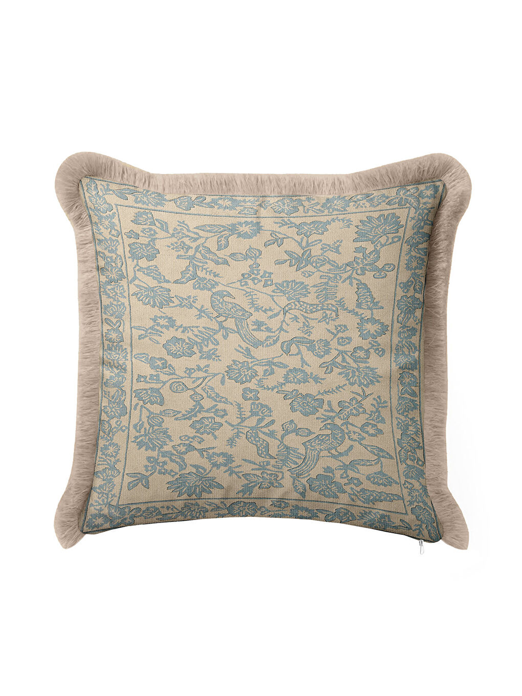 Karışık Zarif Kuş Motifli Saçaklı Yastık Kılıfı - Klasik Bahçe Etnik Mavi Bej Püsküllü Kırlent Kılıfı-1