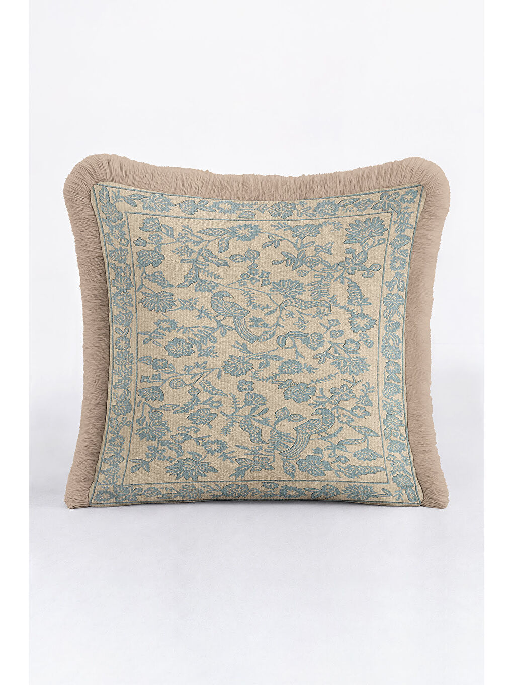 Karışık Zarif Kuş Motifli Saçaklı Yastık Kılıfı - Klasik Bahçe Etnik Mavi Bej Püsküllü Kırlent Kılıfı-4