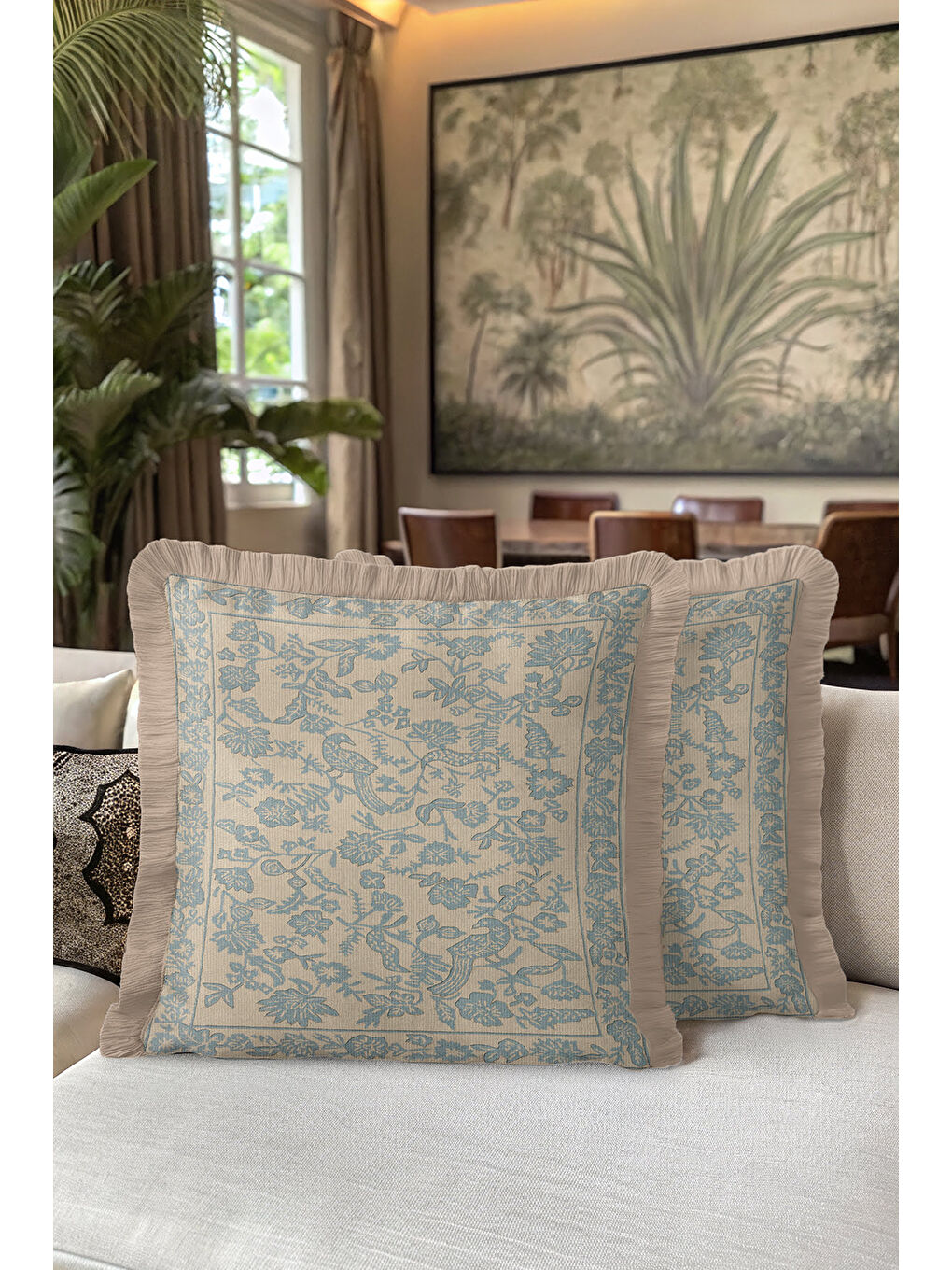 Karışık Zarif Kuş Motifli Saçaklı Yastık Kılıfı - Klasik Bahçe Etnik Mavi Bej Püsküllü Kırlent Kılıfı-5