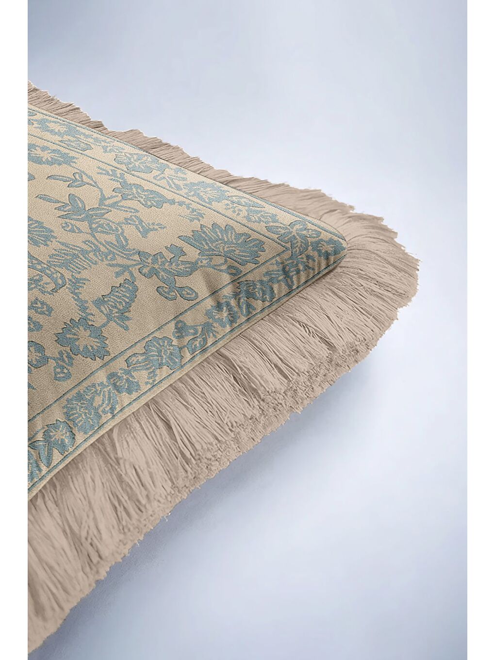 Karışık Zarif Kuş Motifli Saçaklı Yastık Kılıfı - Klasik Bahçe Etnik Mavi Bej Püsküllü Kırlent Kılıfı-6