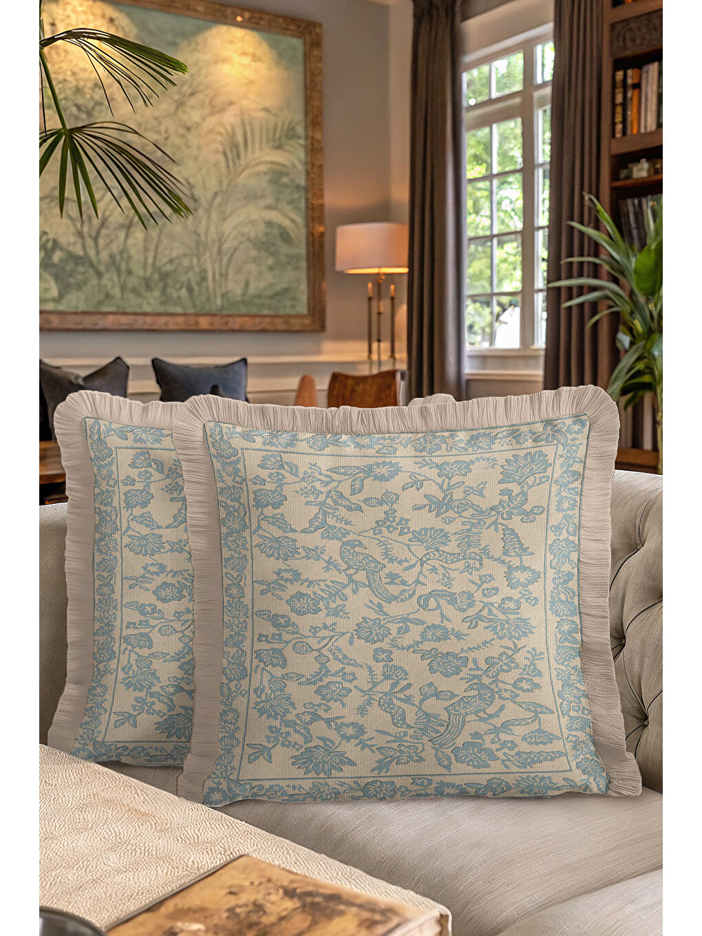 Karışık Zarif Kuş Motifli Saçaklı Yastık Kılıfı - Klasik Bahçe Etnik Mavi Bej Püsküllü Kırlent Kılıfı-7