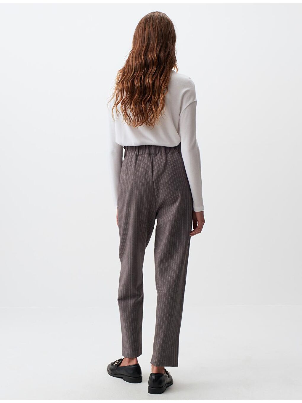 Antrasit Yüksek Bel Çizgi Desenli Kumaş Pantolon-5