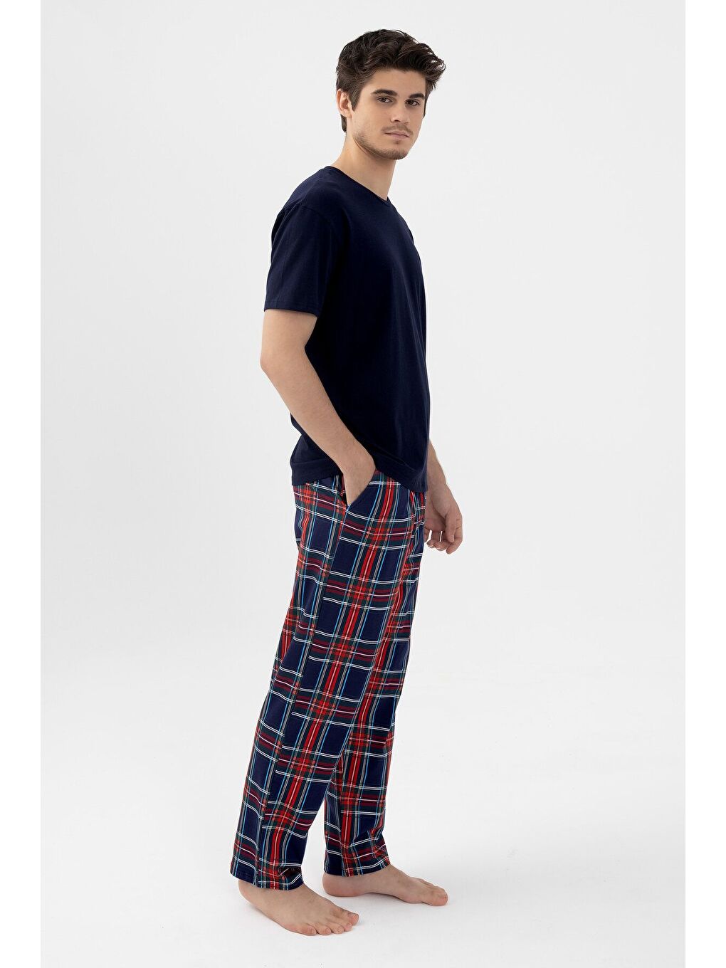 Lacivert Erkek Kısa Kollu Pamuklu Ekose Desenli Pijama Takımı