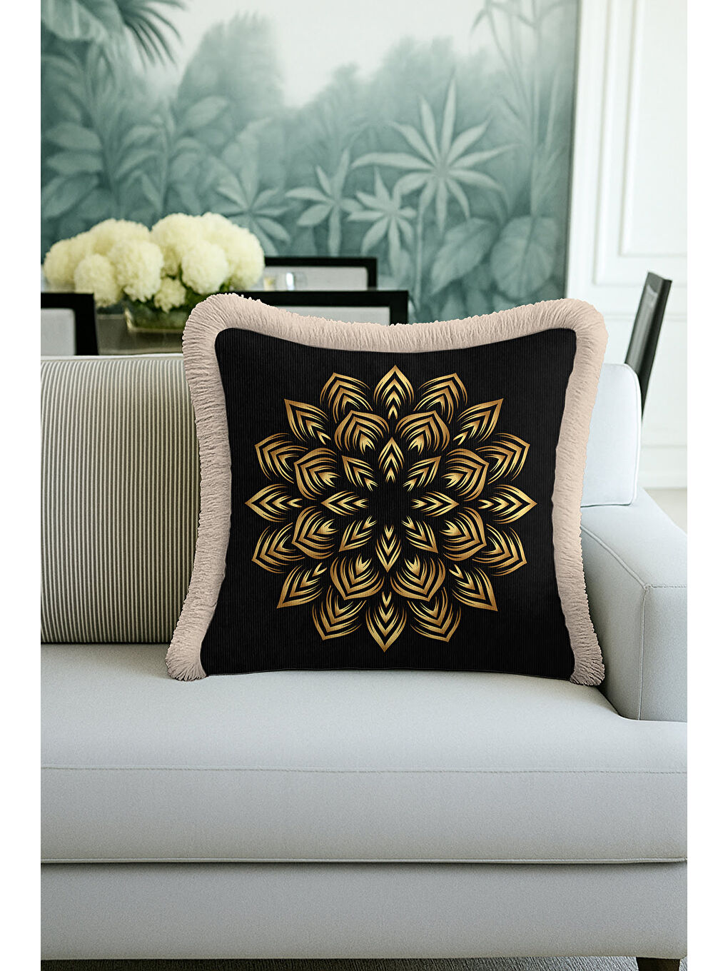 Karışık Lüks Mandala Motifli Saçaklı Yastık Kılıfı - Geometrik Bohem Siyah Gold Renk Püsküllü Kırlent Kılıfı-1