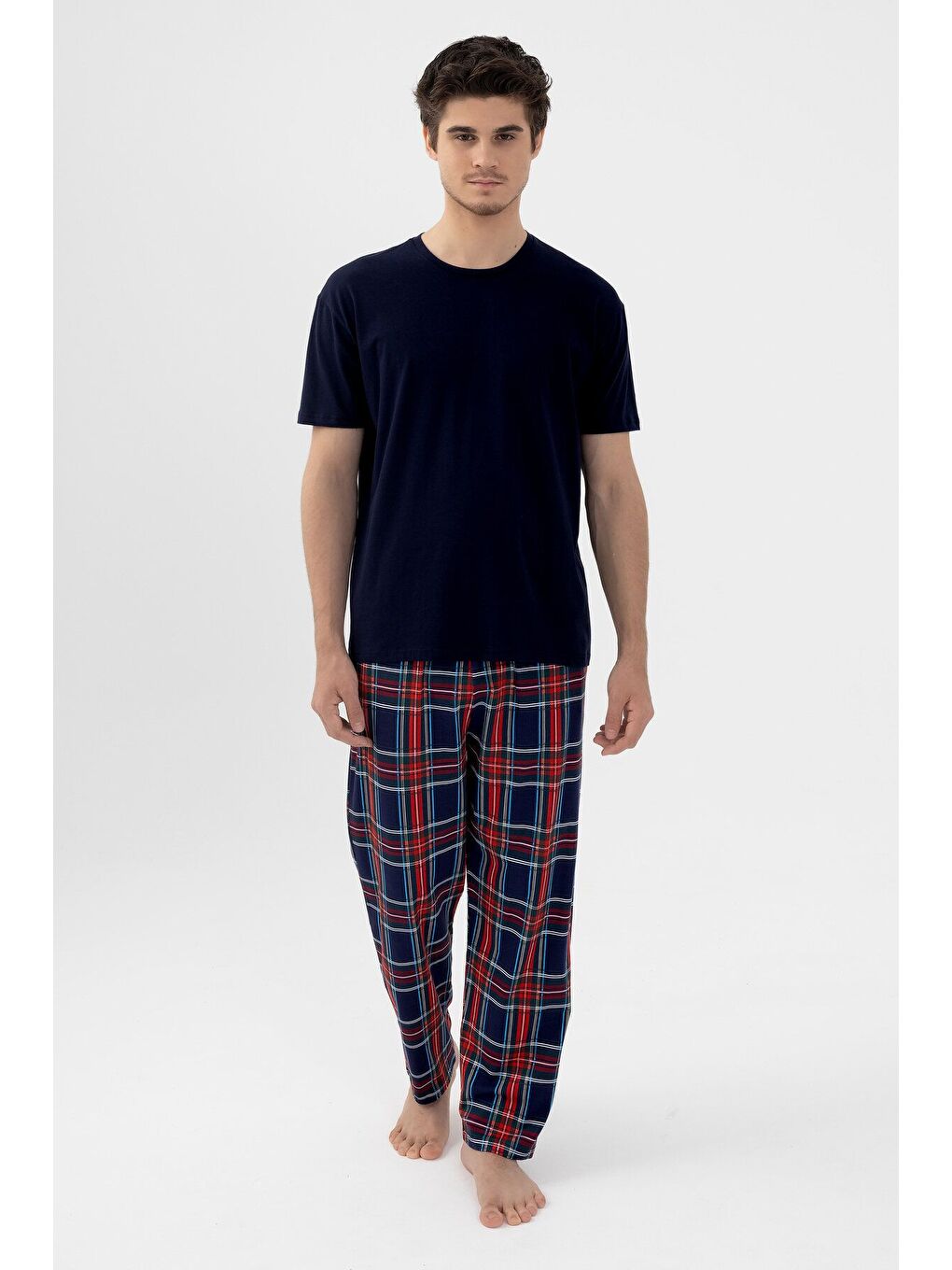 Lacivert Erkek Kısa Kollu Pamuklu Ekose Desenli Pijama Takımı-1