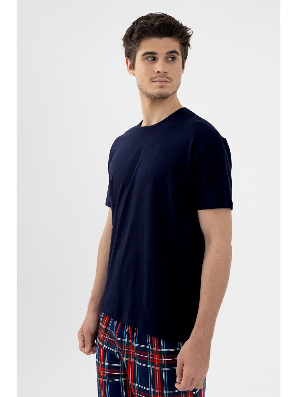 Lacivert Erkek Kısa Kollu Pamuklu Ekose Desenli Pijama Takımı-2