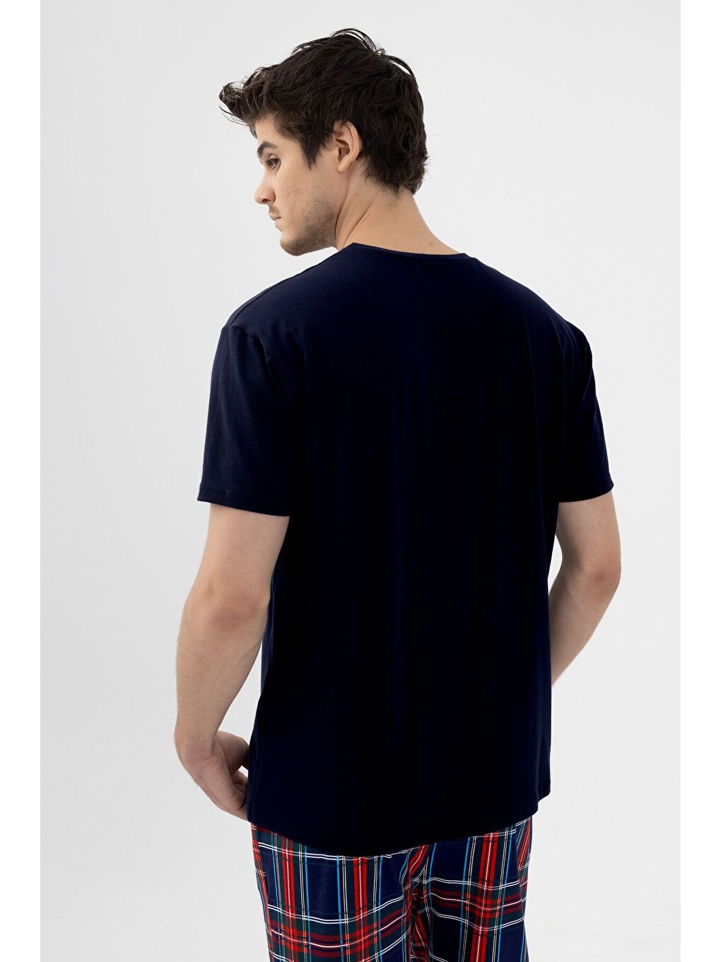 Lacivert Erkek Kısa Kollu Pamuklu Ekose Desenli Pijama Takımı-3