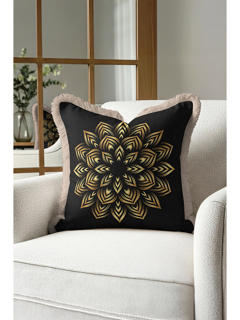 Karışık Lüks Mandala Motifli Saçaklı Yastık Kılıfı - Geometrik Bohem Siyah Gold Renk Püsküllü Kırlent Kılıfı-2