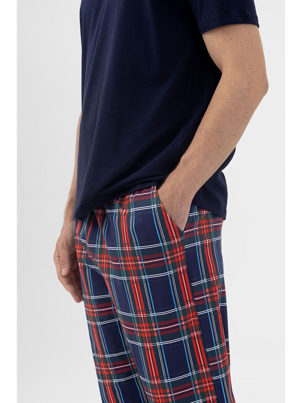 Lacivert Erkek Kısa Kollu Pamuklu Ekose Desenli Pijama Takımı-4