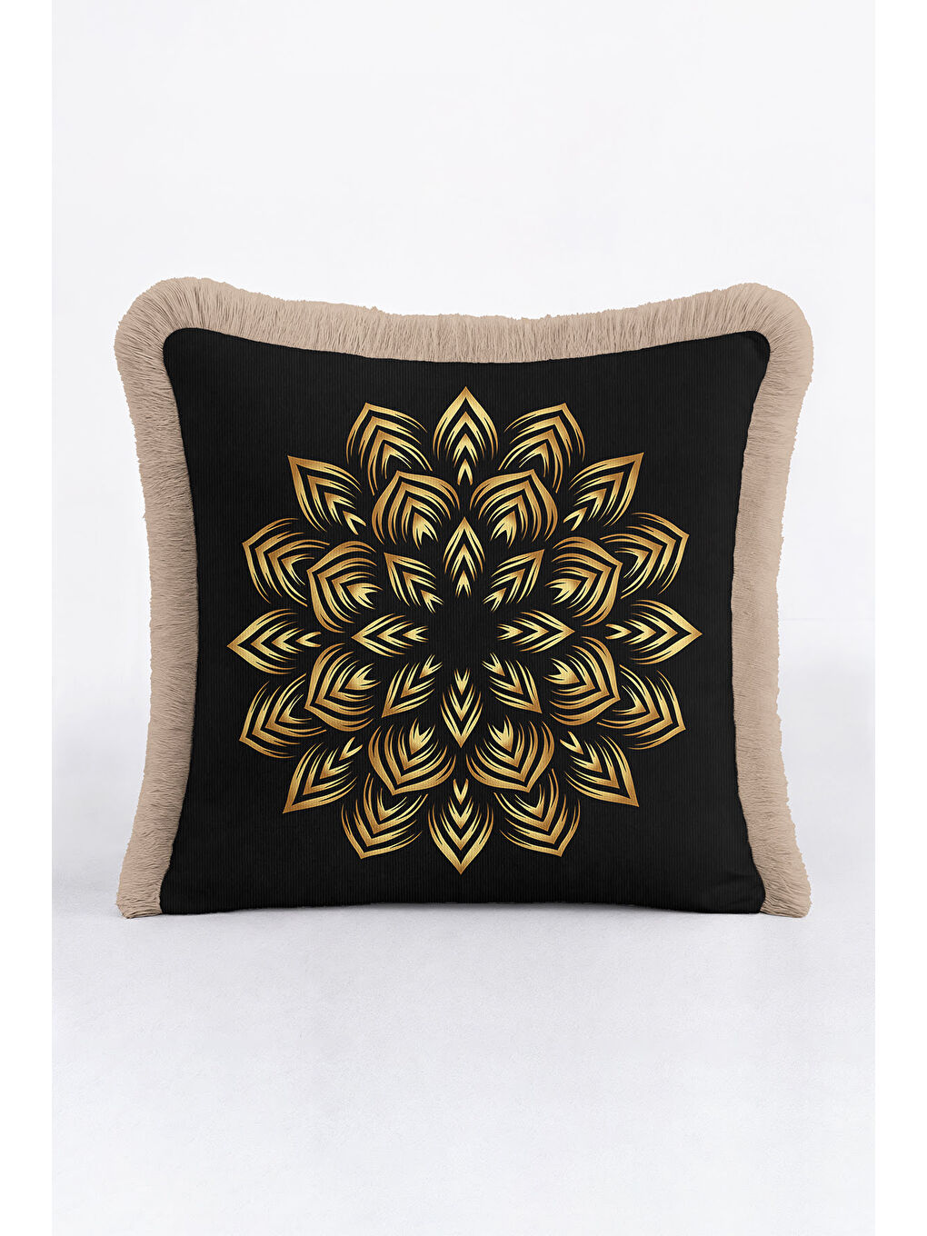 Karışık Lüks Mandala Motifli Saçaklı Yastık Kılıfı - Geometrik Bohem Siyah Gold Renk Püsküllü Kırlent Kılıfı-3
