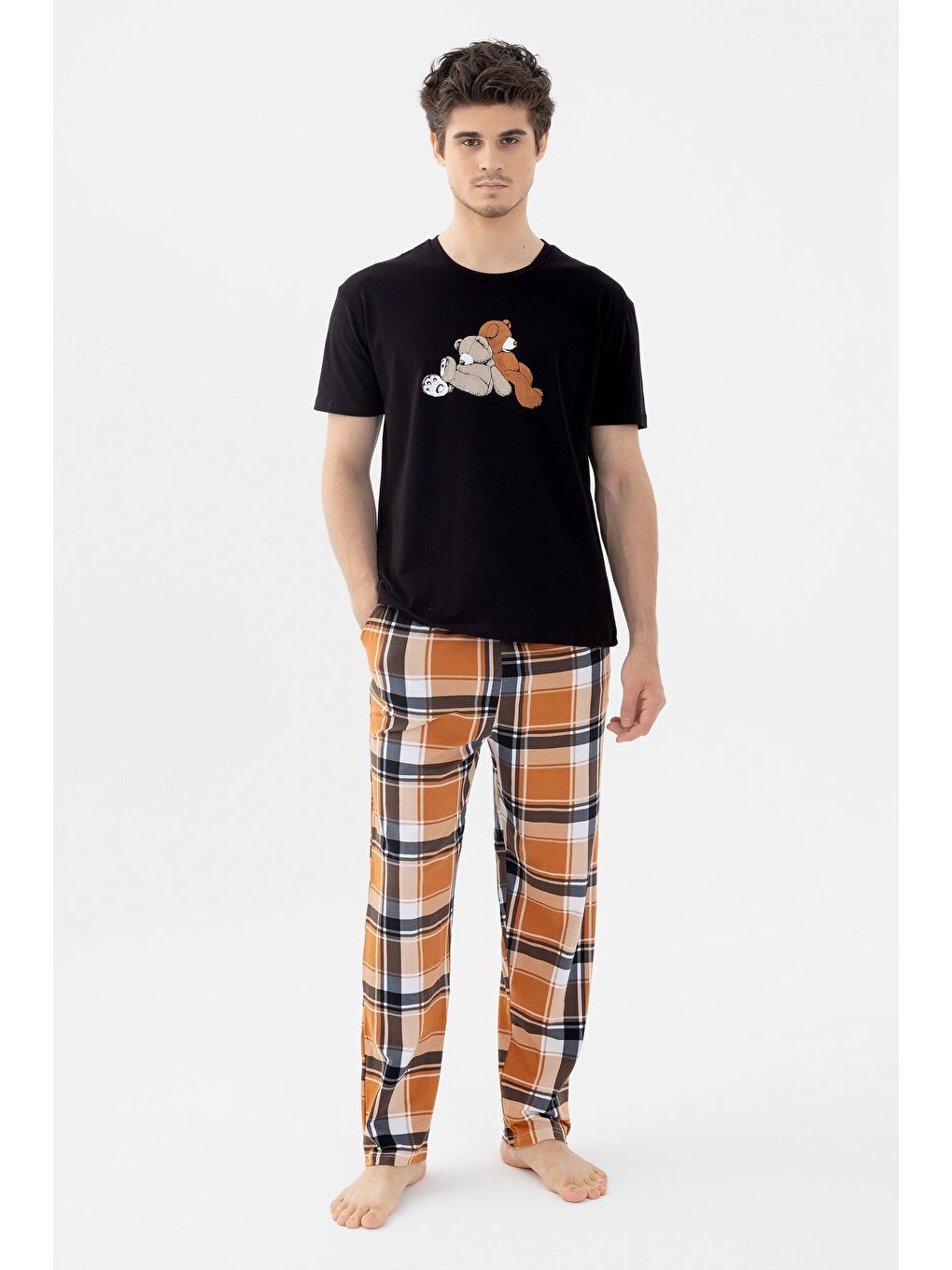 Turuncu Erkek Kısa Kollu Pamuklu Ekose Desenli Ayıcık Baskılı Pijama Takımı - S000265567-37466 |