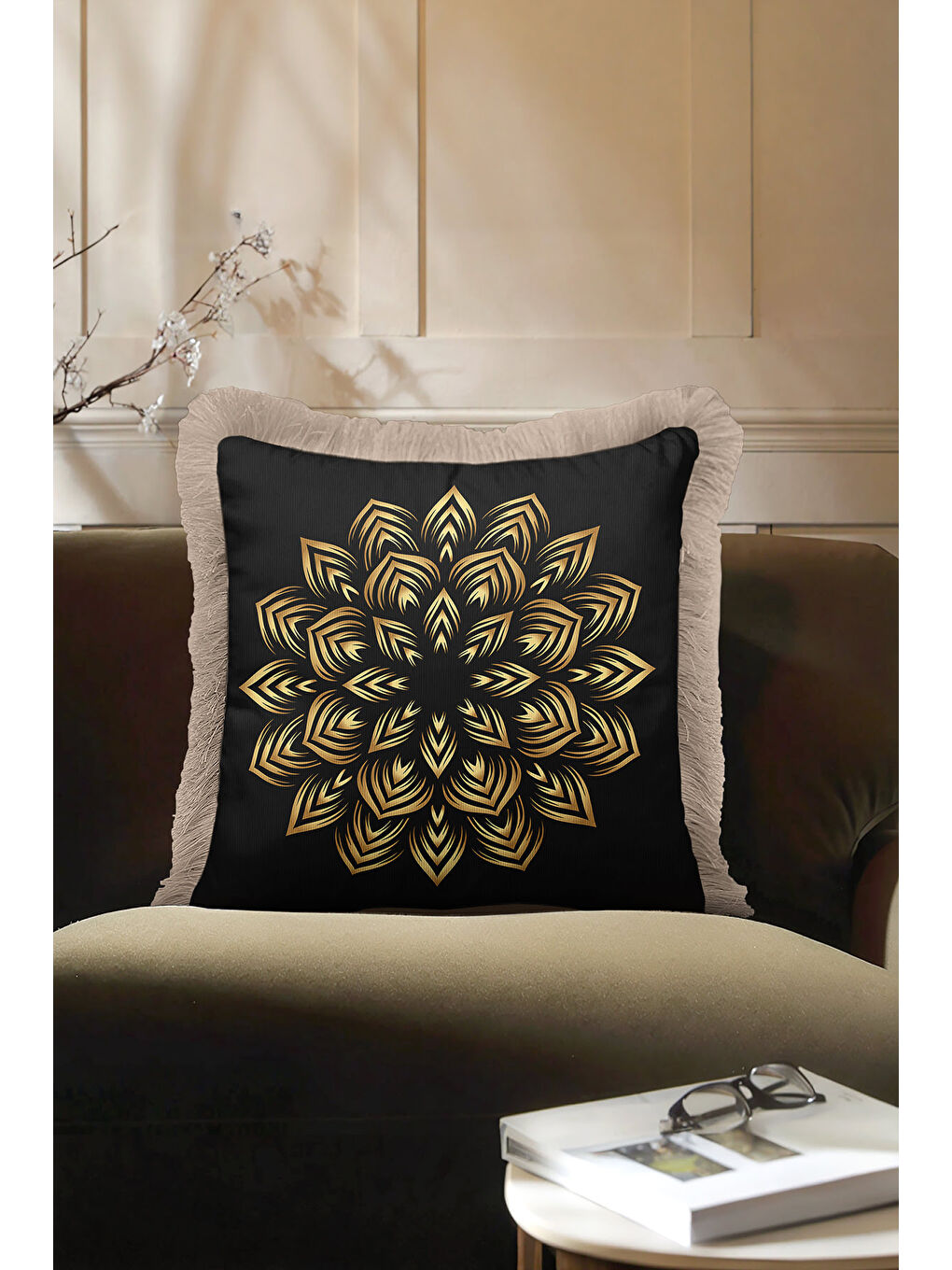Karışık Lüks Mandala Motifli Saçaklı Yastık Kılıfı - Geometrik Bohem Siyah Gold Renk Püsküllü Kırlent Kılıfı-4