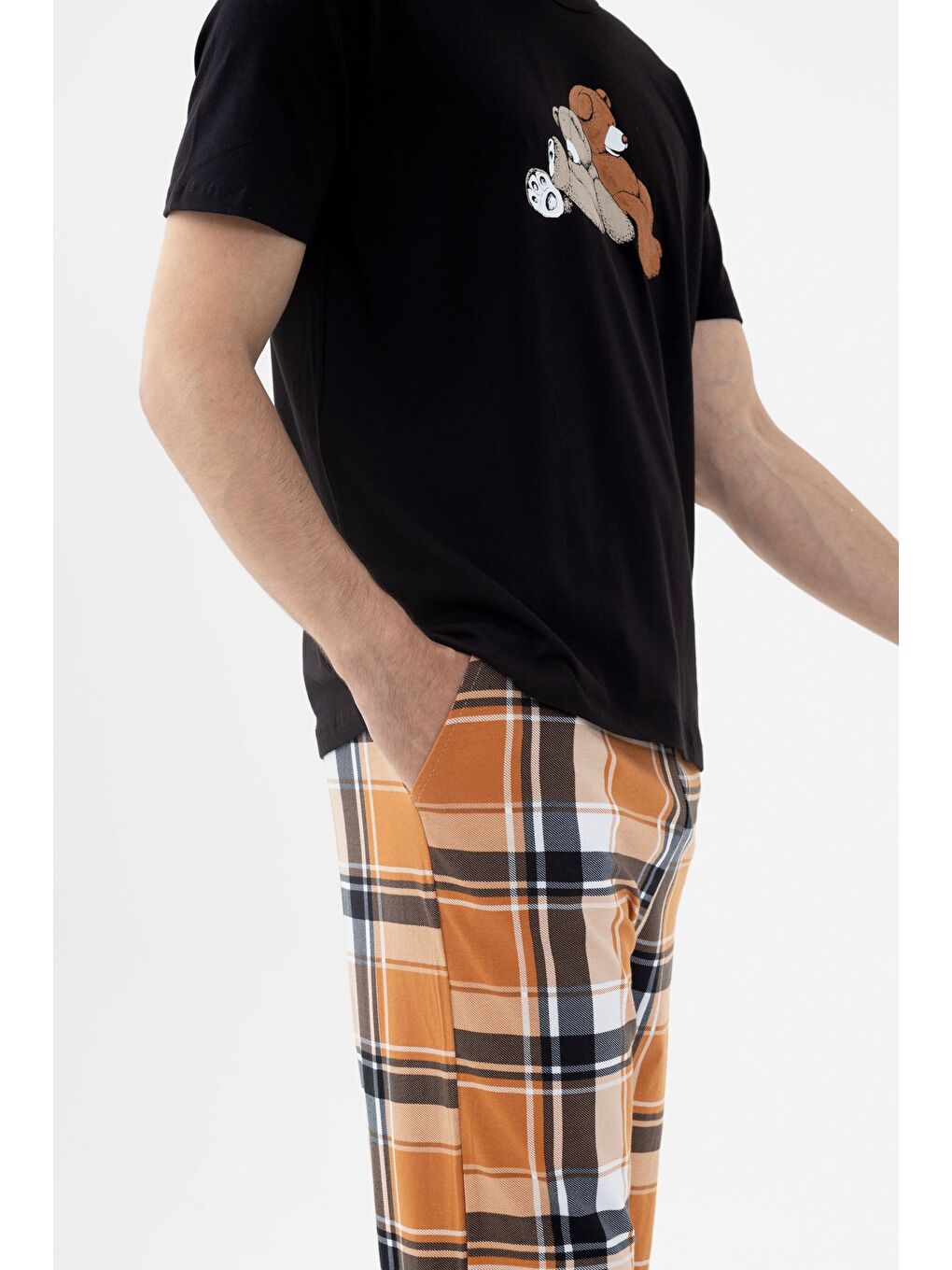 Turuncu Erkek Kısa Kollu Pamuklu Ekose Desenli Ayıcık Baskılı Pijama Takımı - S000265567-37466 |-4