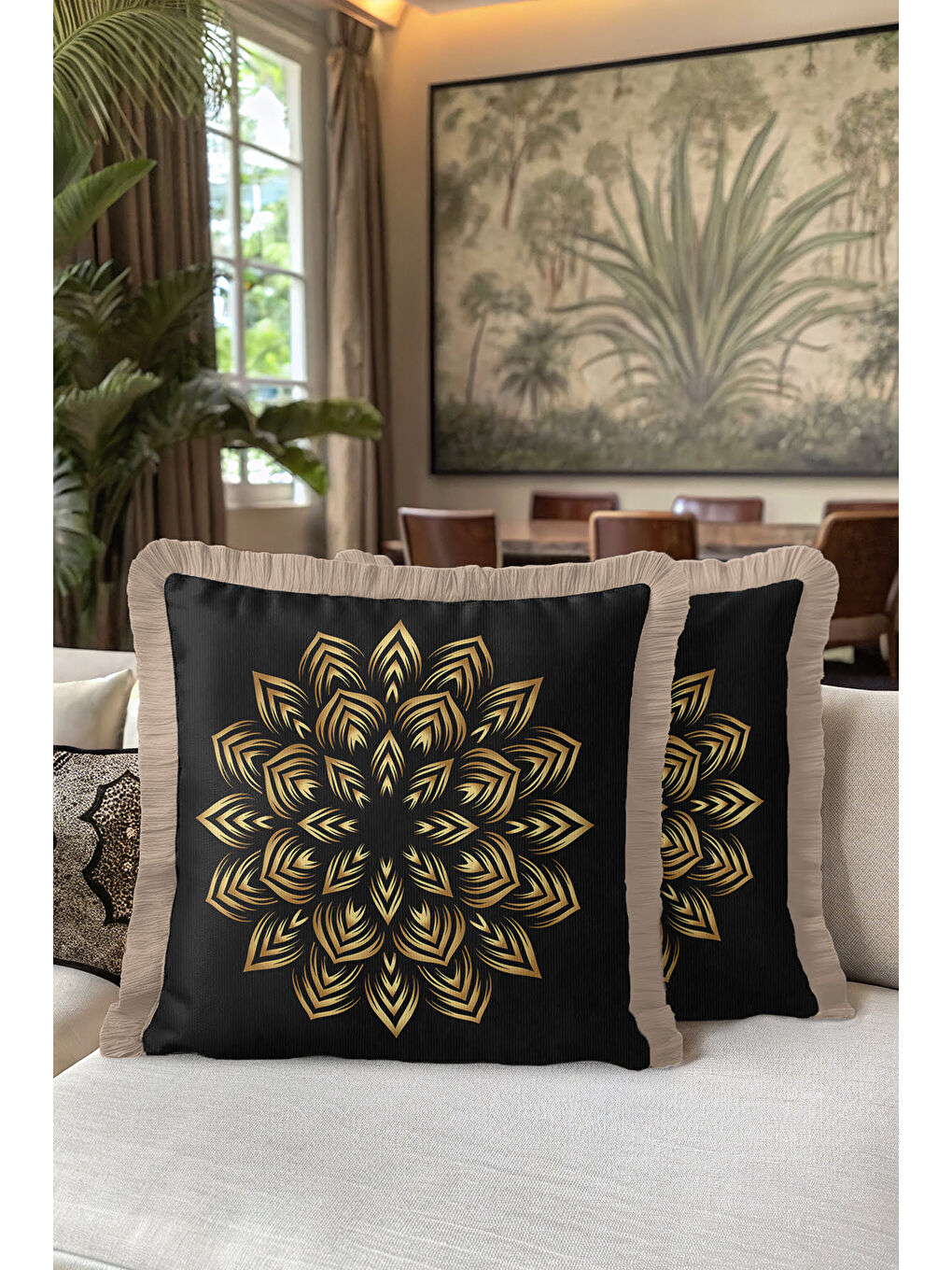 Karışık Lüks Mandala Motifli Saçaklı Yastık Kılıfı - Geometrik Bohem Siyah Gold Renk Püsküllü Kırlent Kılıfı-5