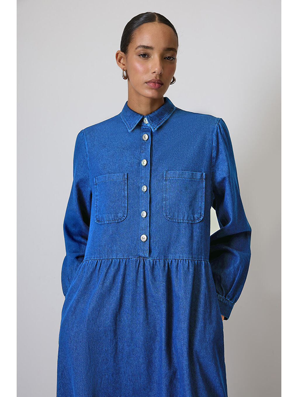 Mavi Cep Detaylı Denim Elbise-1